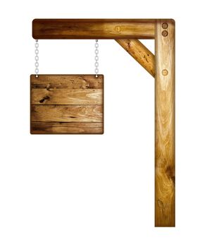 Wooden hanging sign over a white background.