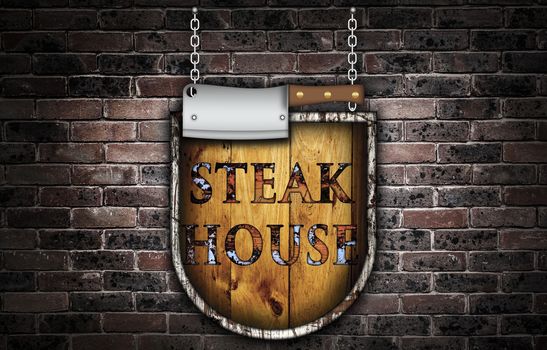 Steak house sign over a brick wall.