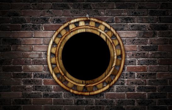 Wooden round frame against a brick wall with copy space in the centre.