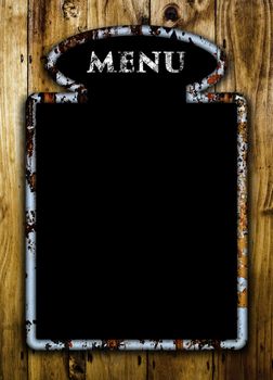 Blank menu board on a wooden wall.