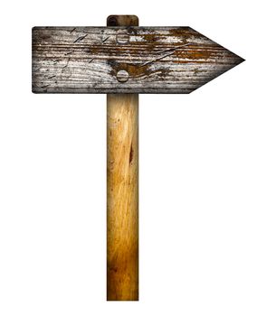 Wooden direction sign over a white background.