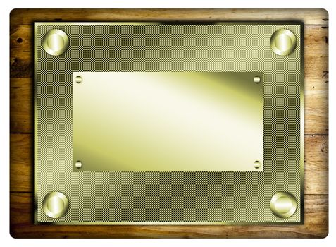 Golden plate on wooden background.