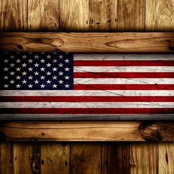 Abstract wooden background with a grunge USA flag.