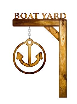 Wooden boat yard sign over a white background.