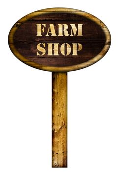 Wooden farm shop sign over a white background.