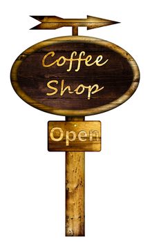 Old wooden coffee shop sign over a white background.