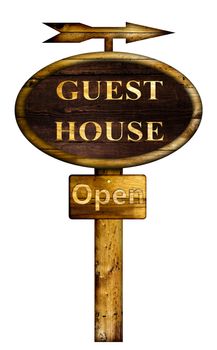 Wooden Guest house sign over a white background.