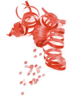 Red Curled Party Streamers and Star Shape Confetti isolated on White background