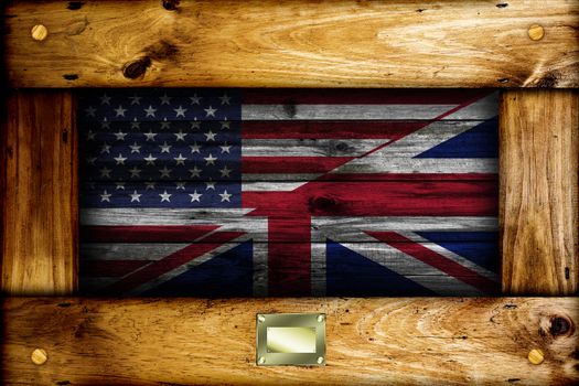 Flags of USA and United Kingdom over a Wooden Background.