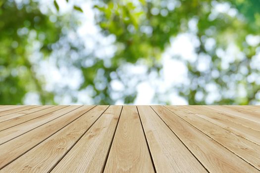 Perspective wood and bokeh light background. product display template