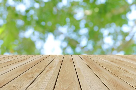 Perspective wood and bokeh light background. product display template
