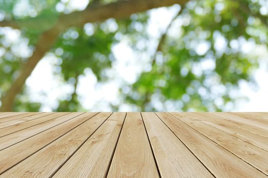 Perspective wood and bokeh light background. product display template