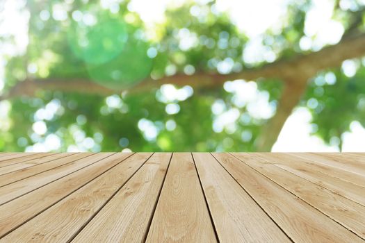 Perspective wood and bokeh light background. product display template
