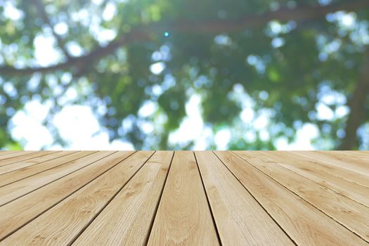 Perspective wood and bokeh light background. product display template