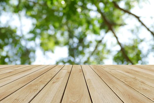 Perspective wood and bokeh light background. product display template