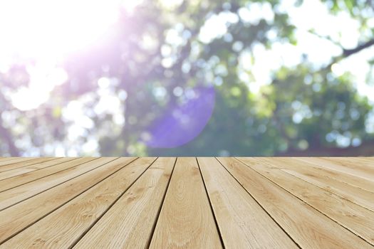 Perspective wood and bokeh light background. product display template