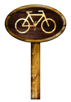 Wooden bicycle road sign isolated on a white background.