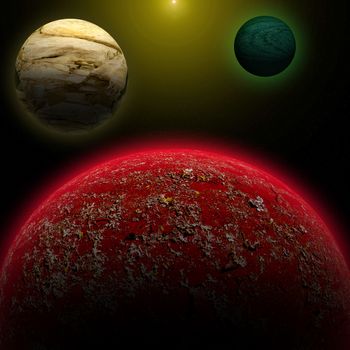 Illustration of a alien planet surrounded by two strange moons.