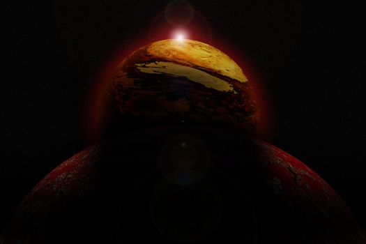 Illustration of a alien planet surrounded by two strange moons. Alien planet.