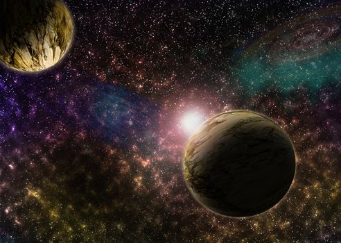 Illustration of a alien planet surrounded by two strange moons. Alien planet.