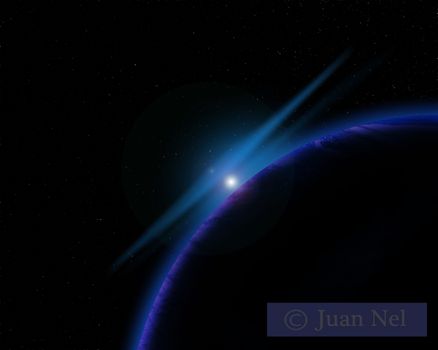 Illustration of a alien planet surrounded by two strange moons.
