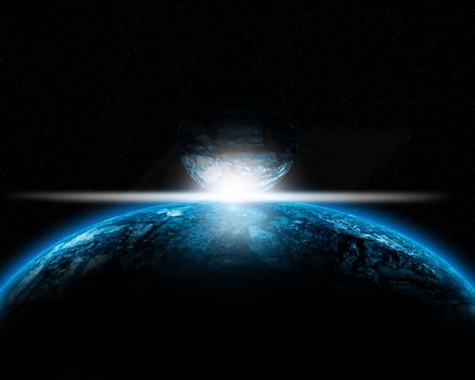 Illustration of a alien planet surrounded by two strange moons.