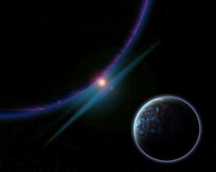 Illustration of a alien planet surrounded by two strange moons.