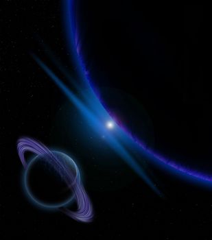 Illustration of a alien planet surrounded by two strange moons.