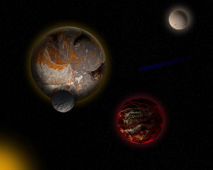 Illustration of a alien planet surrounded by two strange moons.
