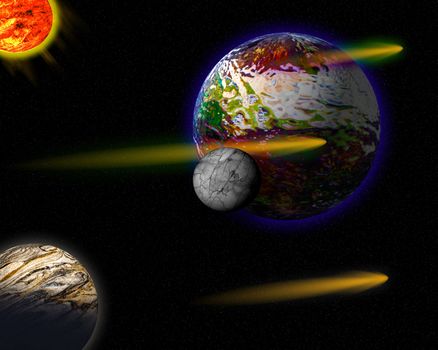 Illustration of a alien planet surrounded by two strange moons.