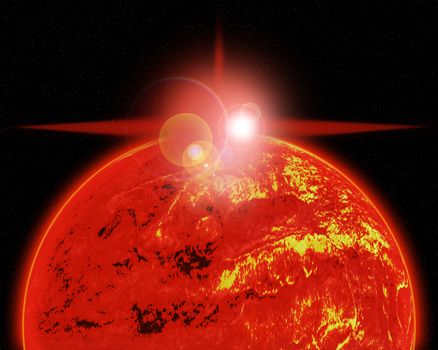 Illustration of a alien planet surrounded by two strange moons.