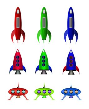 Cartoon rockets isolated on white background.