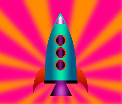 Cartoon rocket over a colorful background.