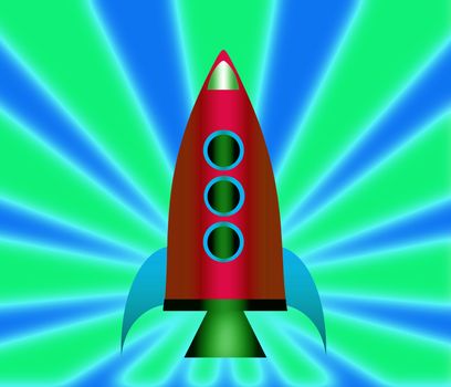 Cartoon rocket over a colorful background.