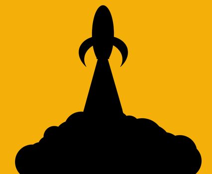 Rocket silhouette taking off over a yellow background.