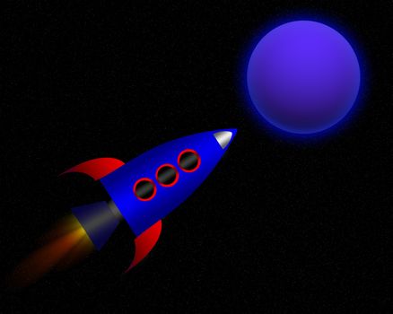 A cartoon rocket exploring a alien planet.