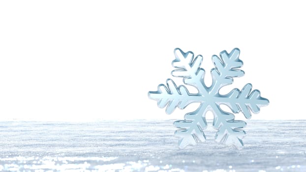 Snowflake standing on a fresh snow. 3d render.