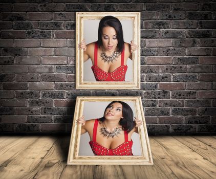 Abstract image of a beautiful woman trapped in a picture frame and making funny faces.