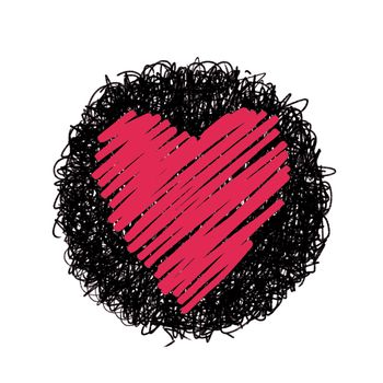 Hand drawing of heart doodle on black circle by crayon . use for background . 