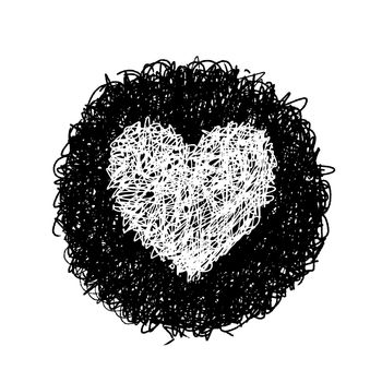 Hand drawing of heart doodle on black circle by crayon . use for background . 