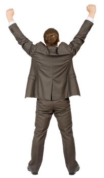 Businessman standing on isolated white background, rear view