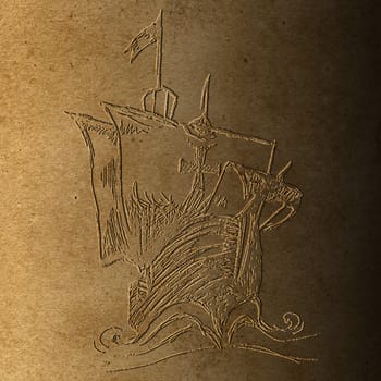 Bas relief of Columbus ship on old brown paper  made for Columbus day