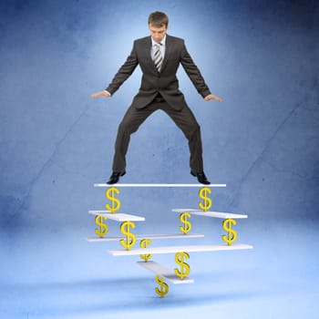 Businessman standing on balance with dollar sign and looking down