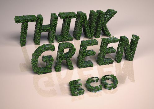 The three-dimensional inscription Think green is made small cubes.