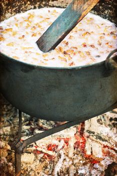 Traditional lard cooking in cold season