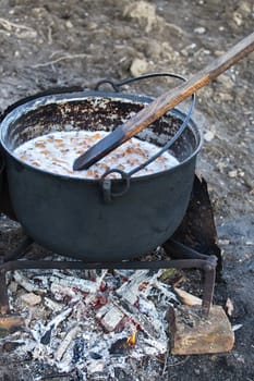 Traditional lard cooking in cold season