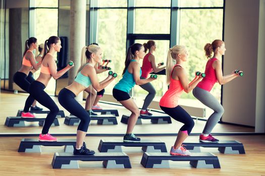 fitness, sport, training, gym and lifestyle concept - group of women working out with dumbbells and steppers in gym