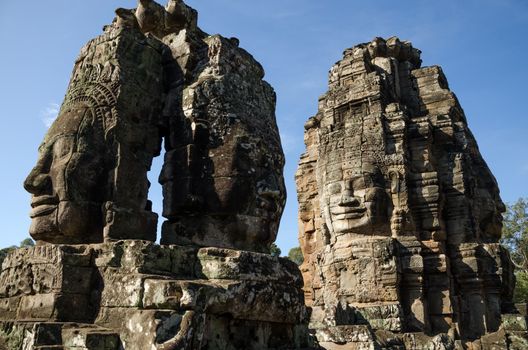 Giant stone faces of Bayon temple in Angkor Thom, Siem Reap, Cambodia