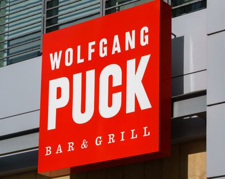 LOS ANGELES, CA/USA - December 6, 2015: Wolfgang Puck Bar and Grill exterior at L.A. Live. Wolfgang Puck is an Austrian celebrity chef.