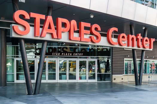 LOS ANGELES, CA/USA - December 6, 2015: 2015: Staples Center entrance and logo. Staples Center is a multi-purpose sports arena in Downtown Los Angeles.